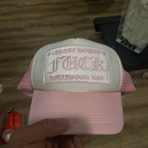 CHROME HEARTS PINK AND WHITE TRUCKER HAT